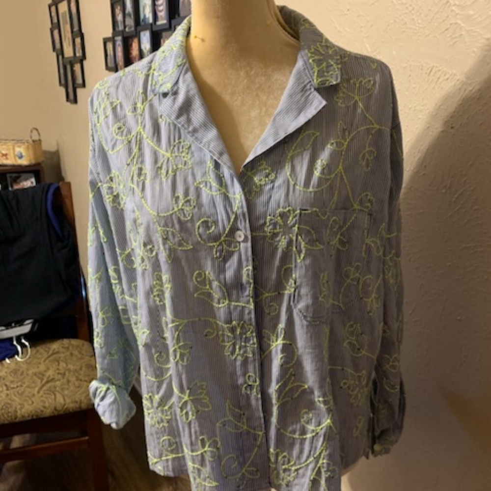 Maeve Blue and Green Embroidered Button Down Shirt - Picture 2 of 4